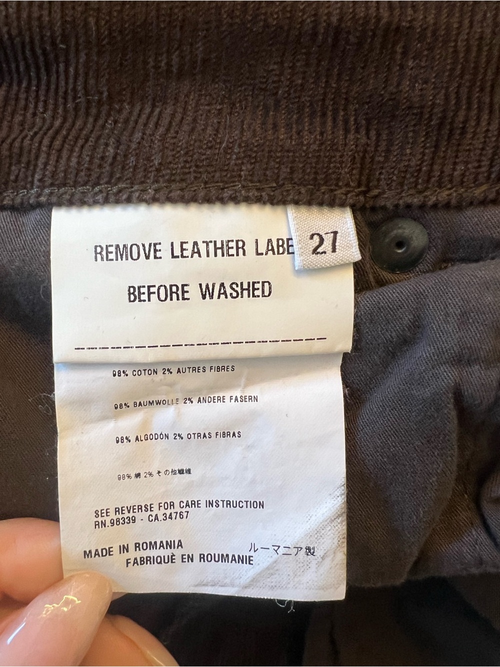 Rare Prada Vintage Brown Corduroy Jeans Leather Logo Patch Size 27 - Picture 5 of 5